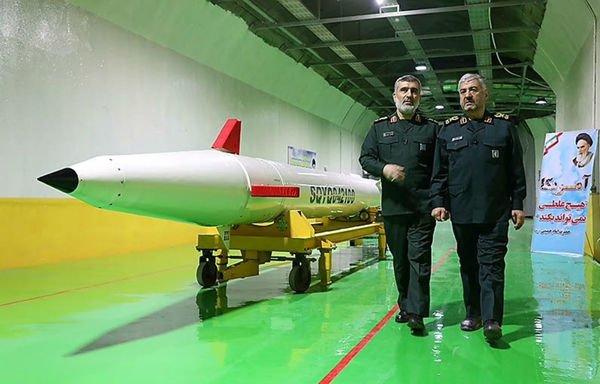 Two IRGC officers are seen at a missile factory in Iran in a photo carried by Iran's Mehr News Agency.
