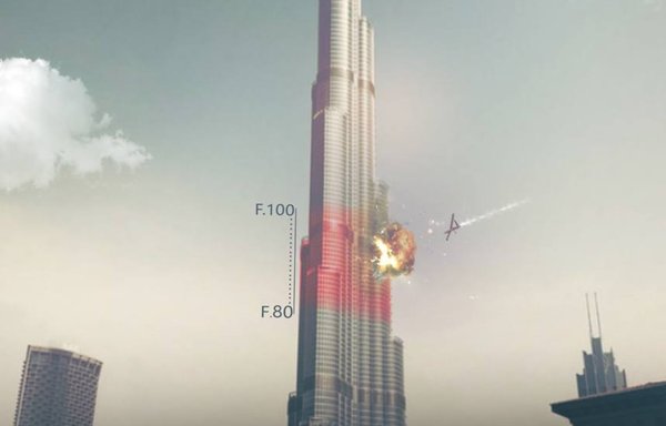 Alwiyat al-Waad al-Haq on January 27 posted this doctored image of the Burj Khalifa skyscraper in the UAE being struck by drones.