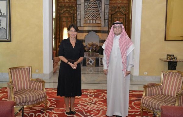 Saudi ambassador to Lebanon Walid Bukhari is seen here with French ambassador to Lebanon Anne Grillo in a photo he posted on Twitter April 14, after the two discussed a mechanism for implementing a partnership to support Lebanon.