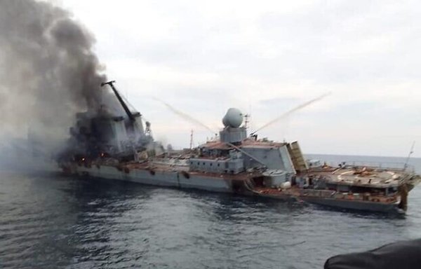 A screenshot from a video posted on social media shows the damaged Moskva ship about to sink in the Black Sea in April.