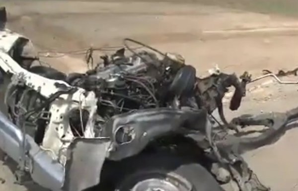 A screenshot from a video posted by Al-Hadath on August 10 shows the wreckage of the vehicle that was transporting members of the STC in Abyan province, Yemen, after it was targeted by a roadside bomb.